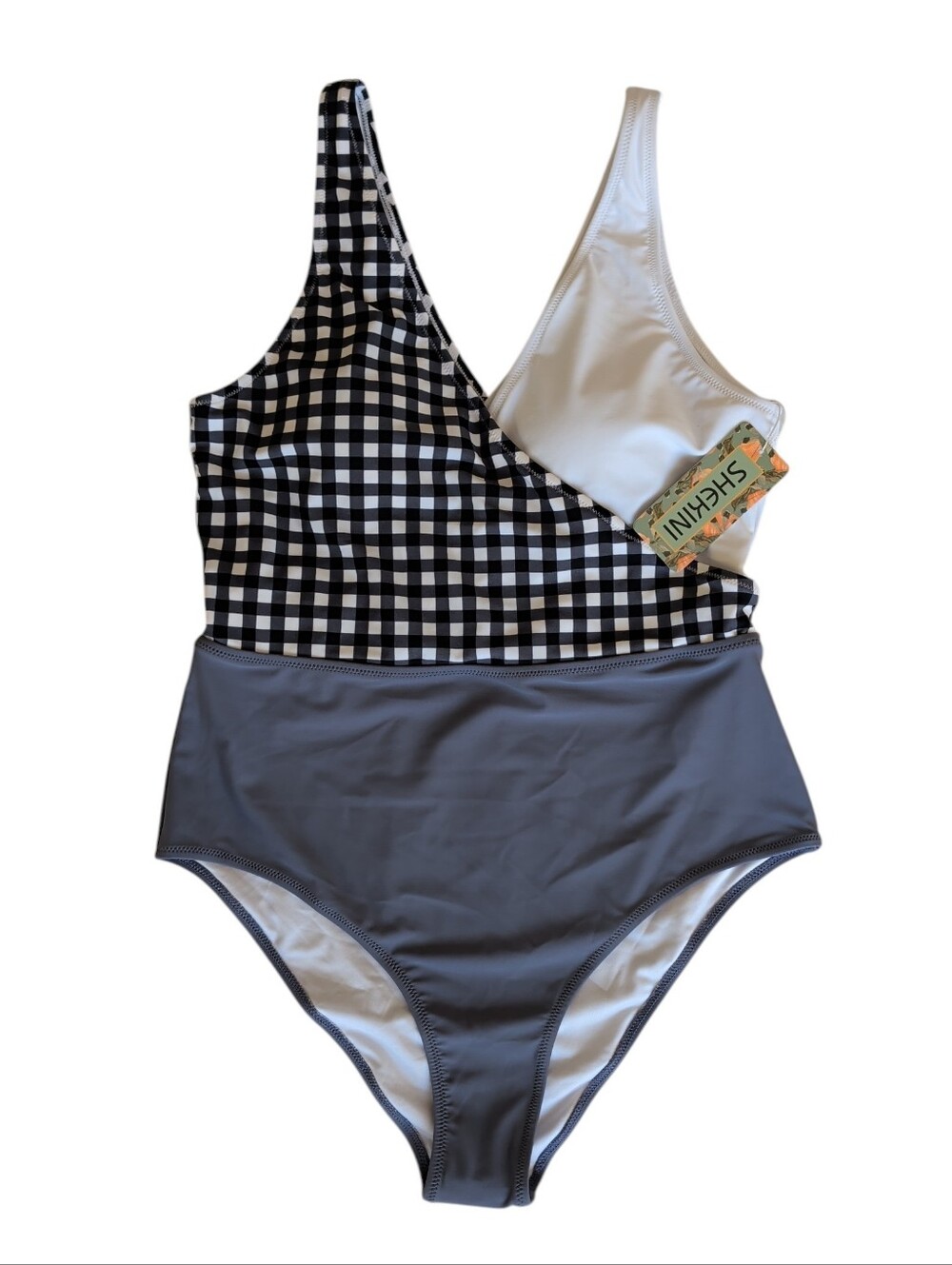 NWT Shekini Colorblock Asymmetric Wrap Front One Piece Swimsuit XL Black White